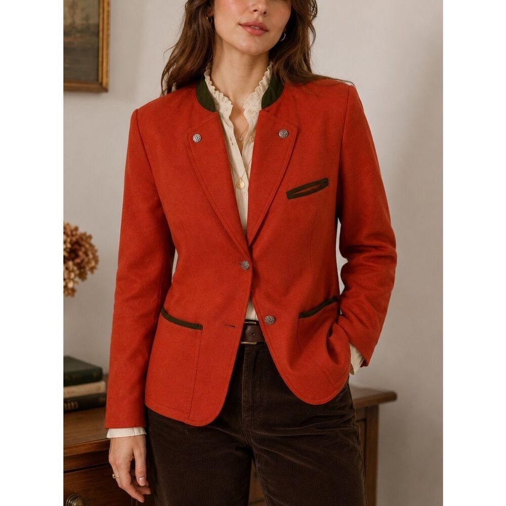 Vintage Salko Austrian Virgin Wool Blazer Jacket Orange Green Trim Size 8